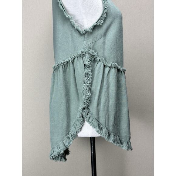 Umgee Linen Cotton Blend Sz S Boho Tank Top Green Raw Fringe Trim Beach Peasant - Picture 5 of 13